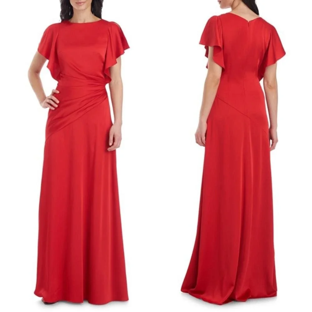 Theia Red Asymmetrical Ruched Flutter Sleeve Gown Size 8 Formal Event Black Tie